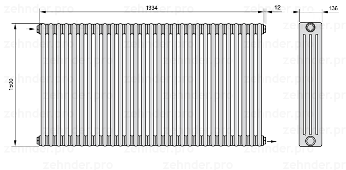 Схема (чертеж) Радиатор Zehnder Charleston 4150/29 №1670 Белый глянцевый RAL 9016